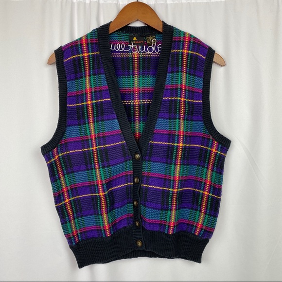 Vintage Jackets & Blazers - vintage 90s multicolor plaid knit sweater vest